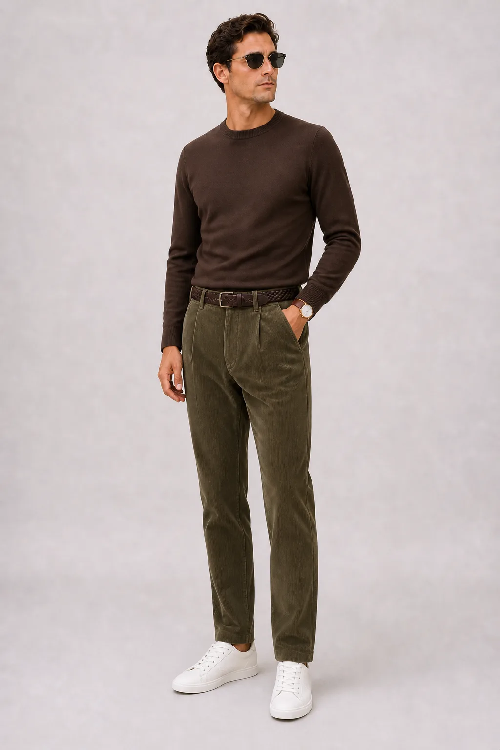 Crewneck-Pullover Feinstrick Schokobraun, dazu Cordhose Oliv und Penny Loafer Wildleder