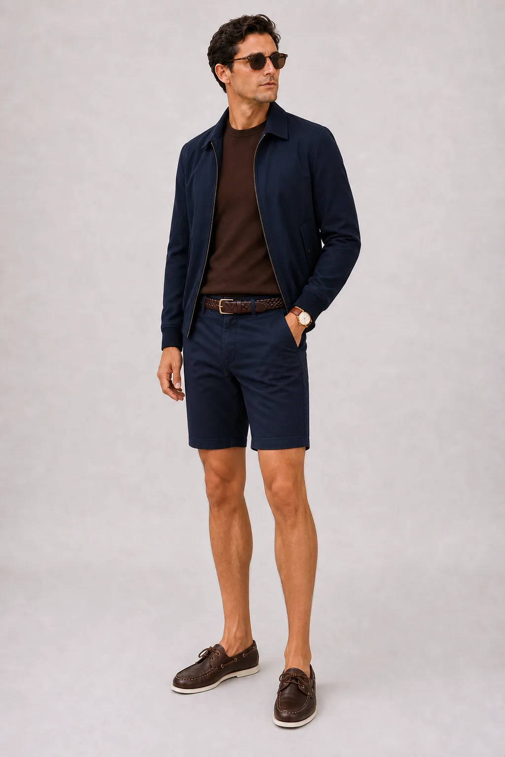 Harrington Blouson Navy über Crewneck-Pullover Feinstrick Schokobraun, dazu Chino-Shorts Navy und Bootsschuh