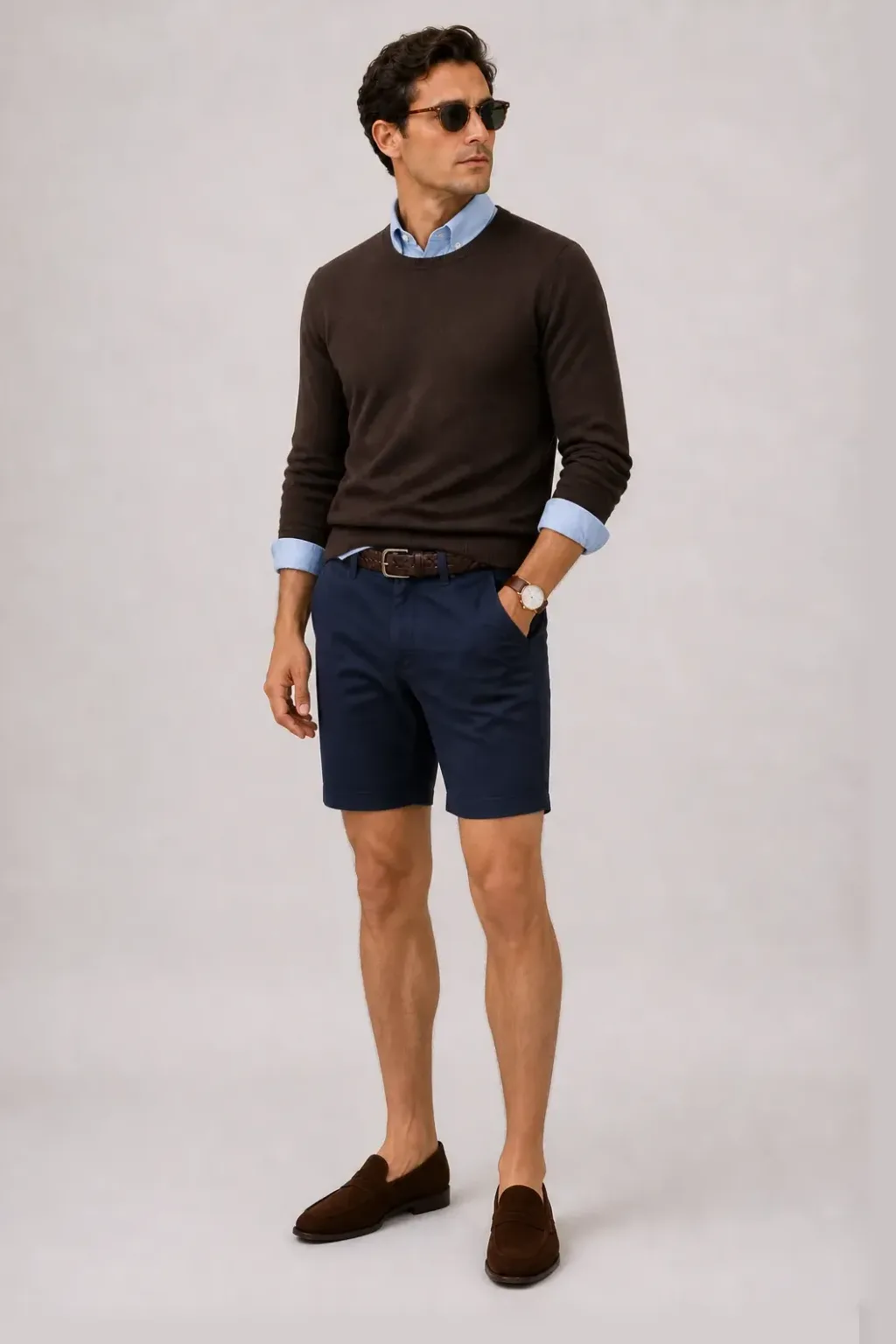 Crewneck-Pullover Feinstrick Schokobraun über Button-Down-Hemd, dazu Chino-Shorts Navy und Penny Loafer Wildleder