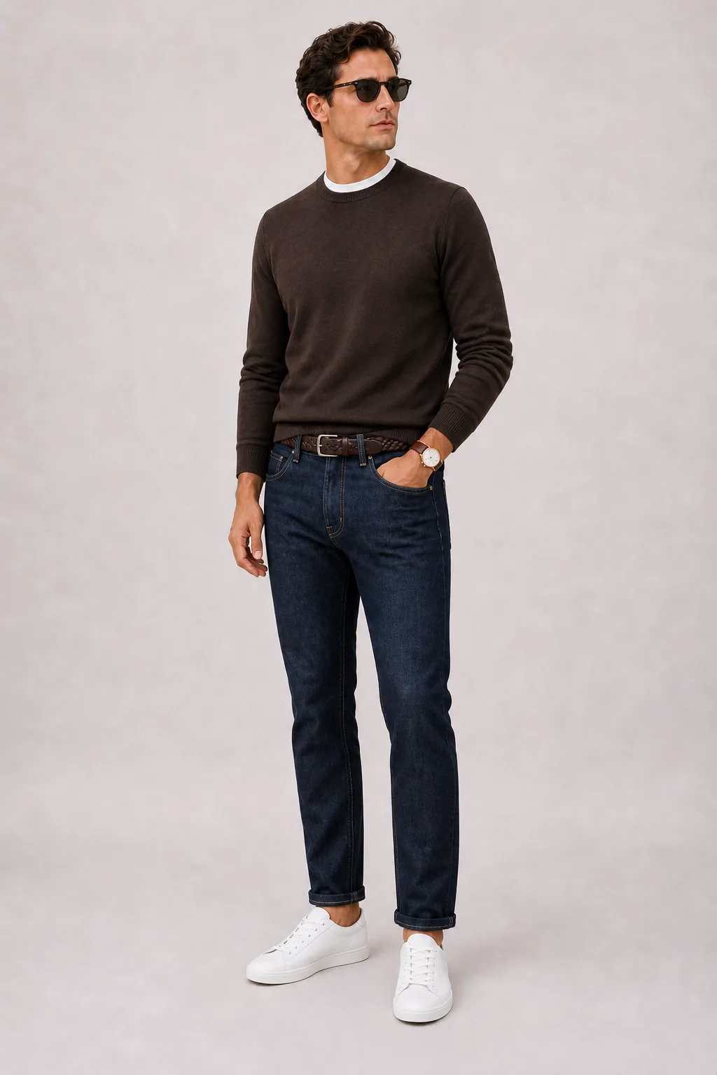 Crewneck-Pullover Feinstrick Schokobraun über T-Shirt, dazu Jeans Navy und Sneaker