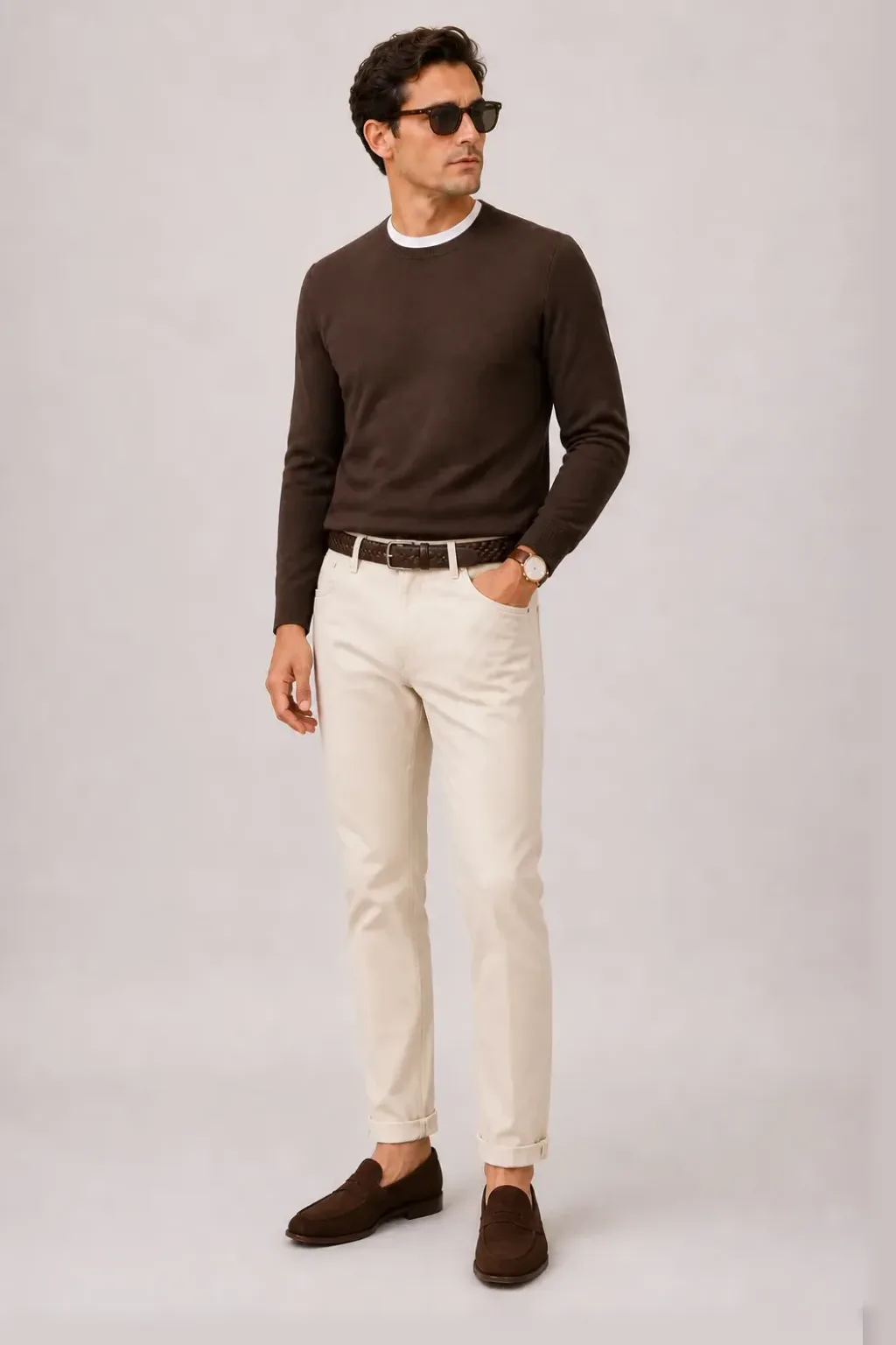 Crewneck-Pullover Feinstrick Schokobraun über T-Shirt, dazu Chino Creme und Penny Loafer Wildleder