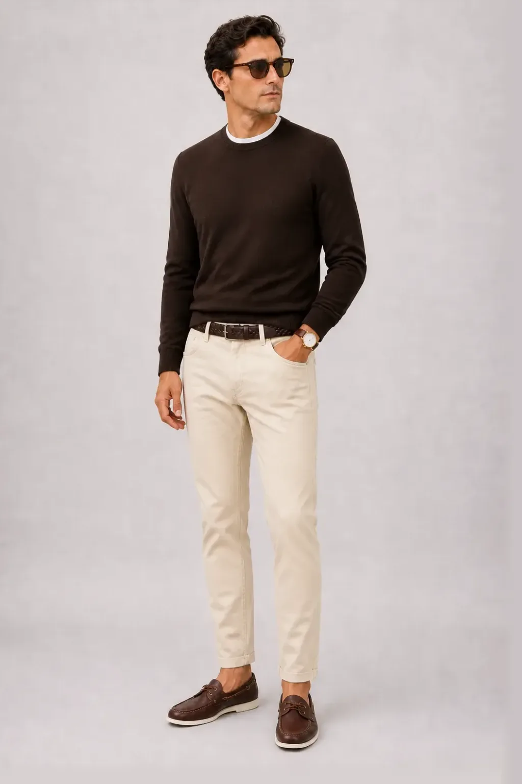 Crewneck-Pullover Feinstrick Schokobraun über T-Shirt, dazu Chino Creme und Penny Loafer Wildleder