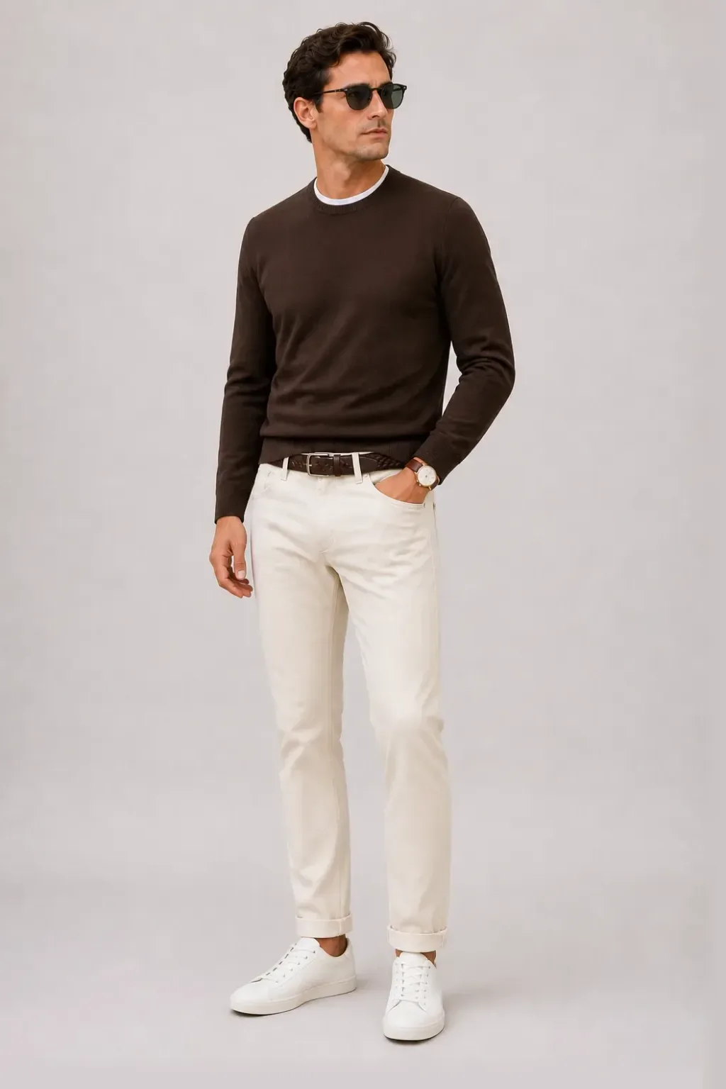 Crewneck-Pullover Feinstrick Schokobraun über T-Shirt, dazu Chino Creme und Penny Loafer Wildleder