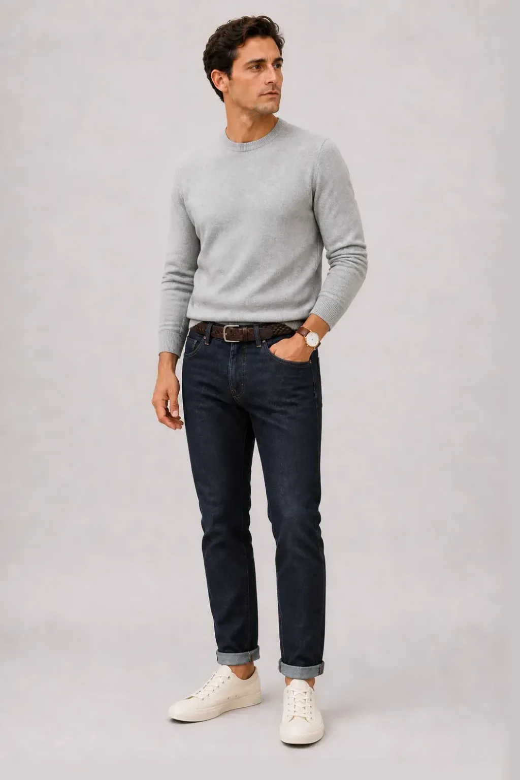 Crewneck-Pullover Feinstrick Hellgrau, dazu Jeans Navy und Canvas Sneaker