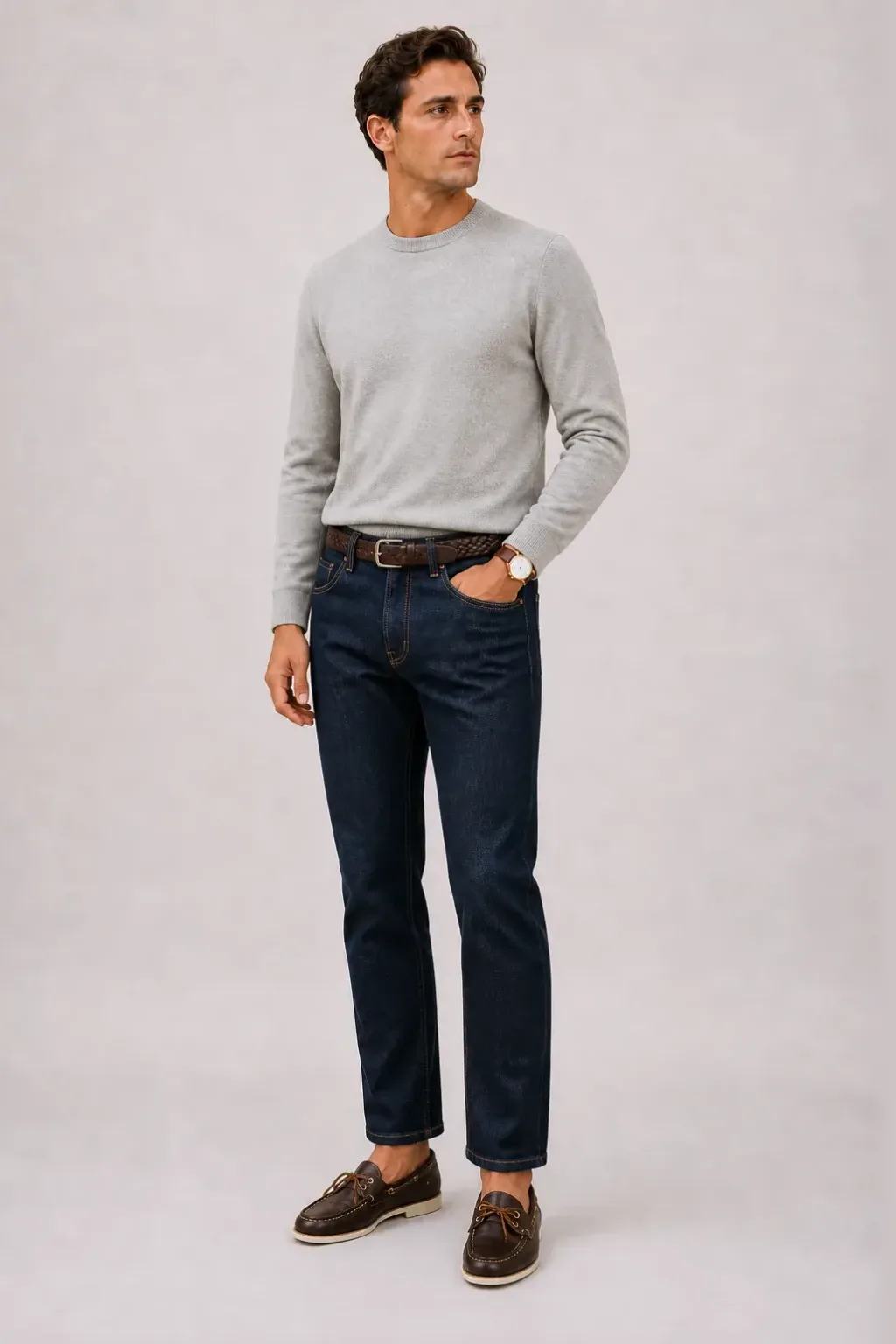 Crewneck-Pullover Feinstrick Hellgrau, dazu Jeans Navy und Canvas Sneaker