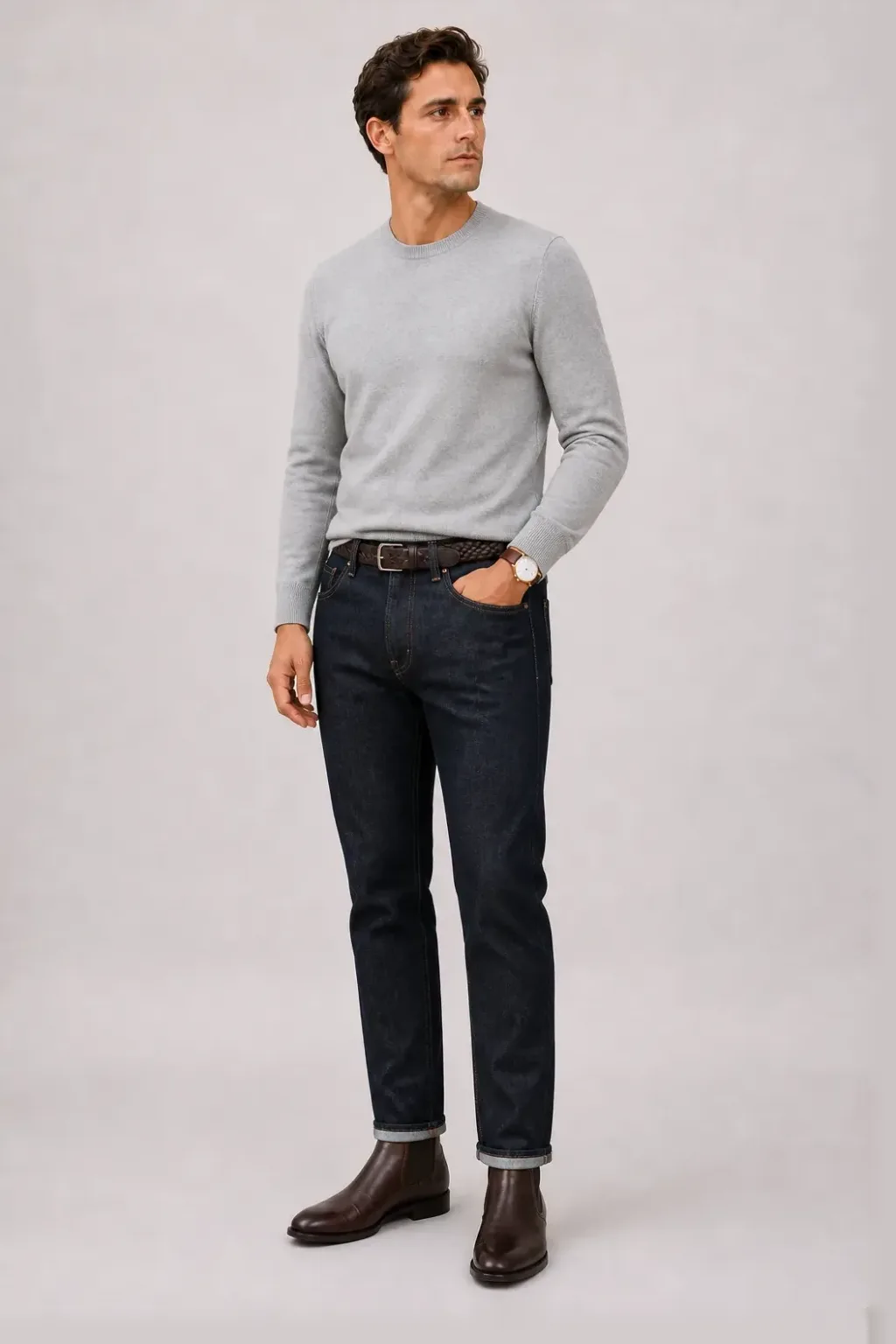 Crewneck-Pullover Feinstrick Hellgrau, dazu Jeans Navy und Canvas Sneaker