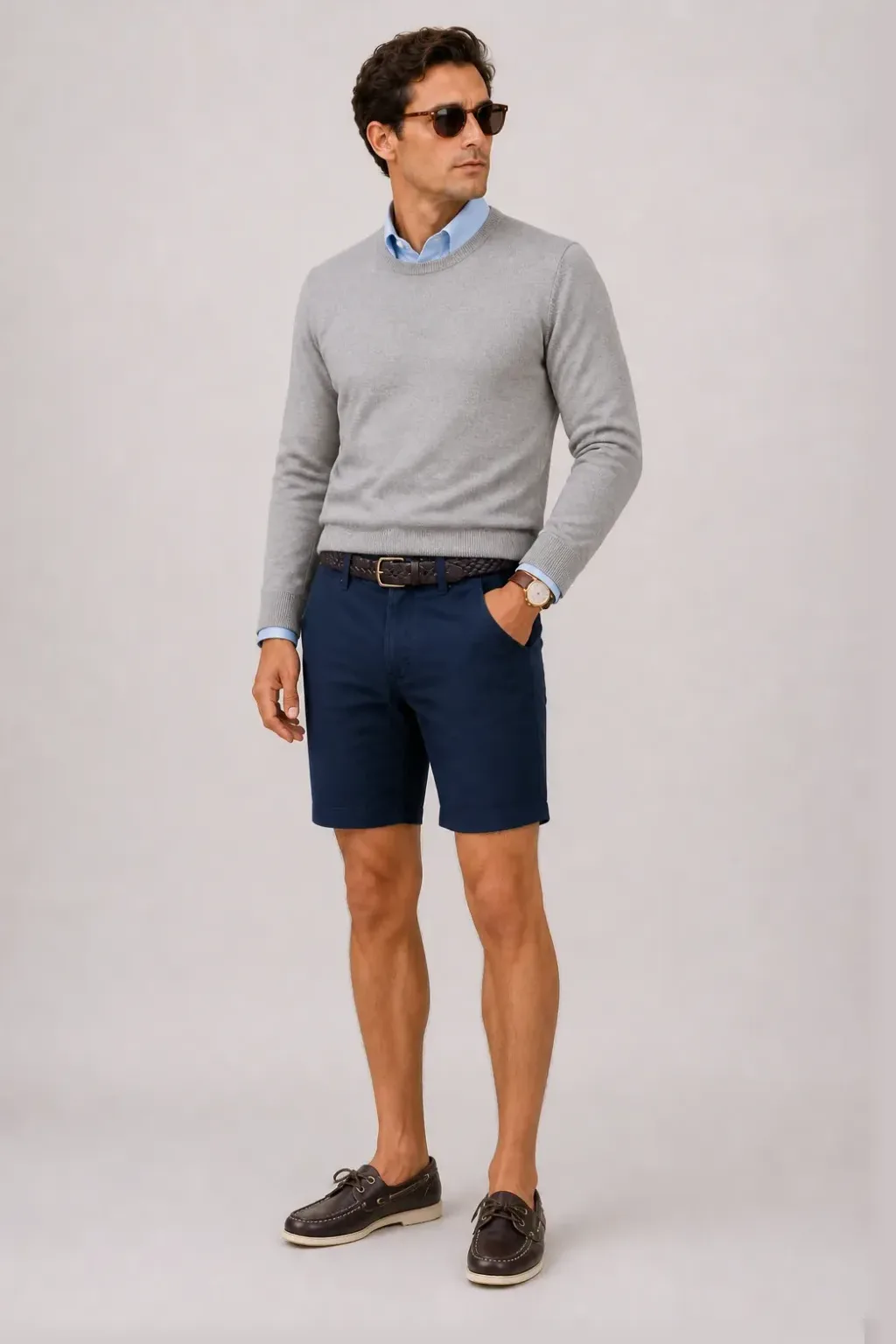 Crewneck-Pullover Feinstrick Hellgrau über Button-Down-Hemd, dazu Chino-Shorts Navy und Bootsschuh