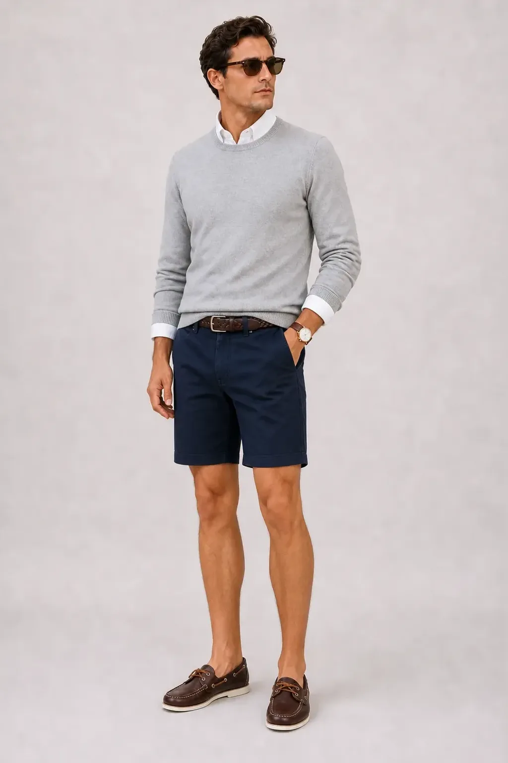 Crewneck-Pullover Feinstrick Hellgrau über Button-Down-Hemd, dazu Chino-Shorts Navy und Bootsschuh — Button-Down-Hemd Weiss