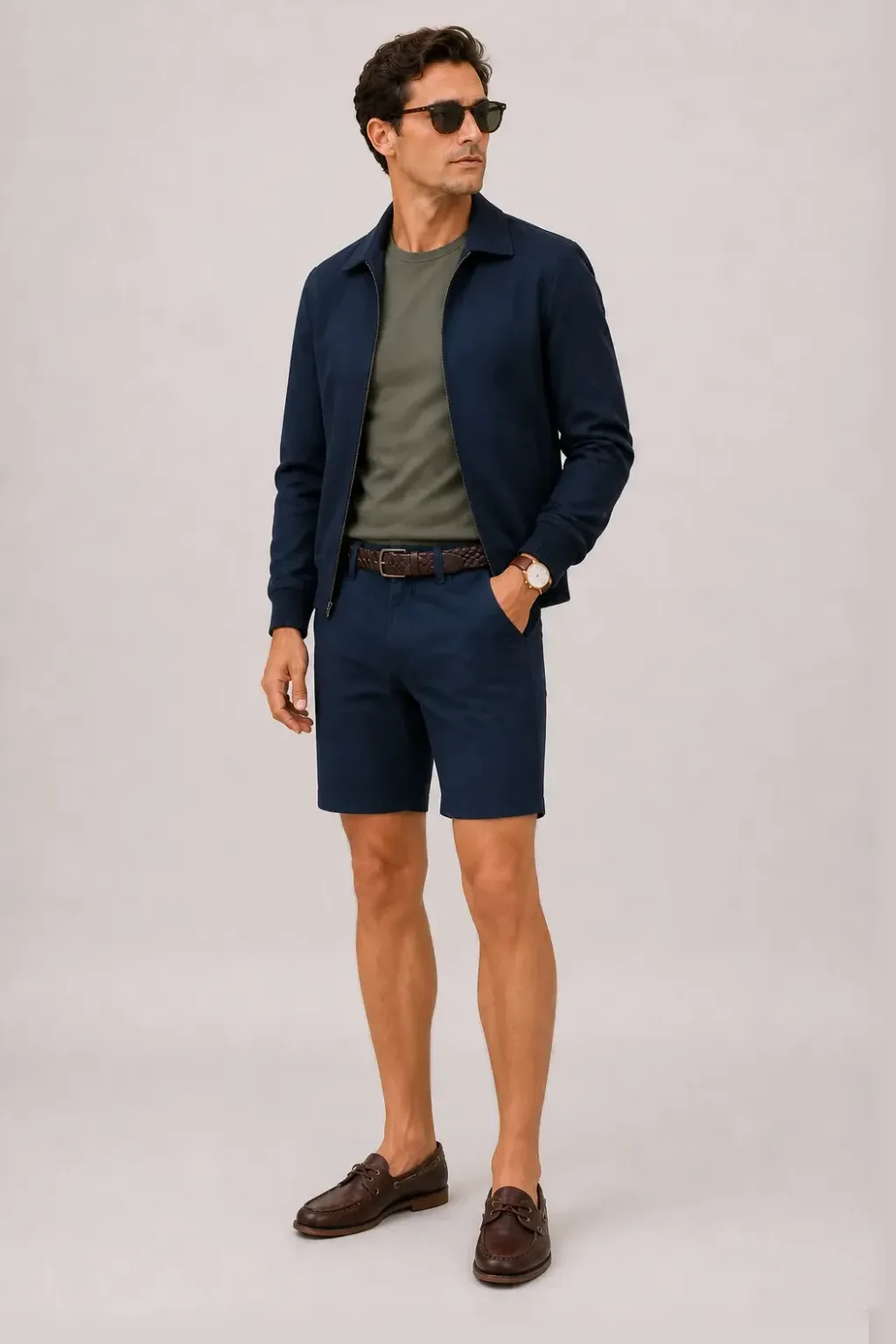 Harrington Blouson Navy über T-Shirt Oliv, dazu Chino-Shorts Navy und Bootsschuh