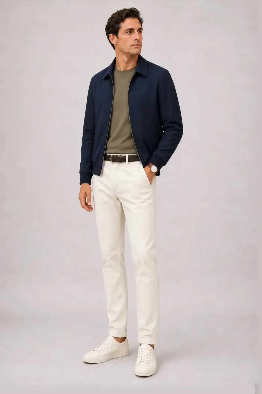 Harrington Blouson Navy über T-Shirt Oliv, dazu Chino Creme und Canvas Sneaker