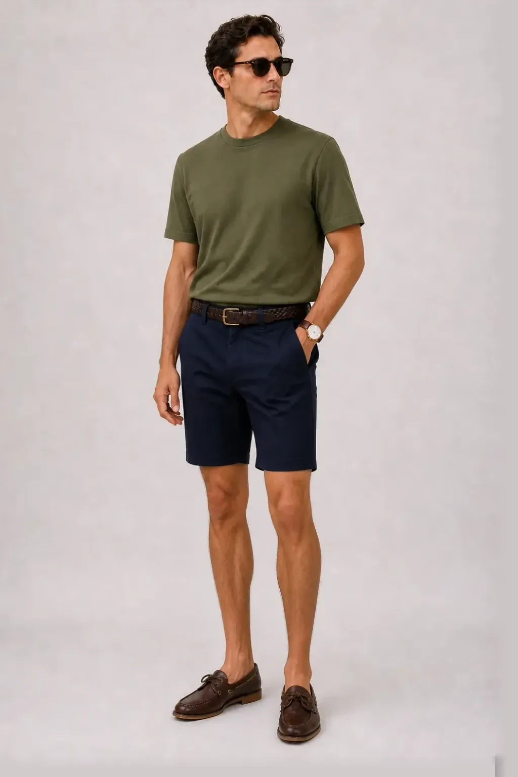 Leinenhemd Off-White, dazu Chino-Shorts Navy und Bootsschuh — T-Shirt Oliv