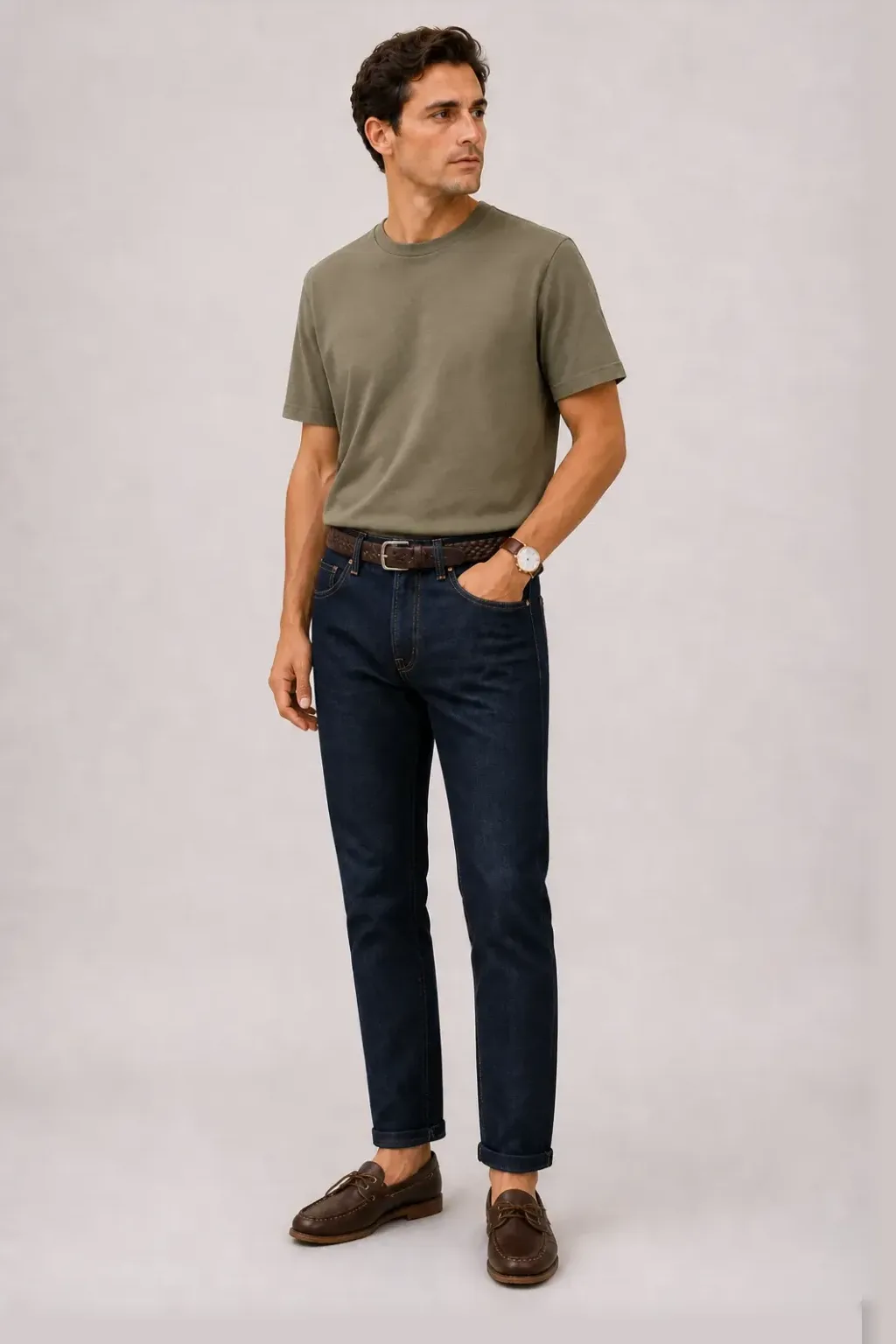 T-Shirt Oliv, dazu Jeans Navy und Bootsschuh