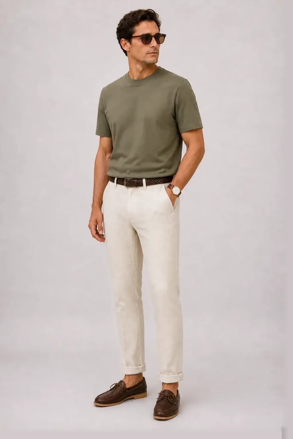 Strickpolo Navy, dazu Leinenhose Creme und Bootsschuh — T-Shirt Oliv