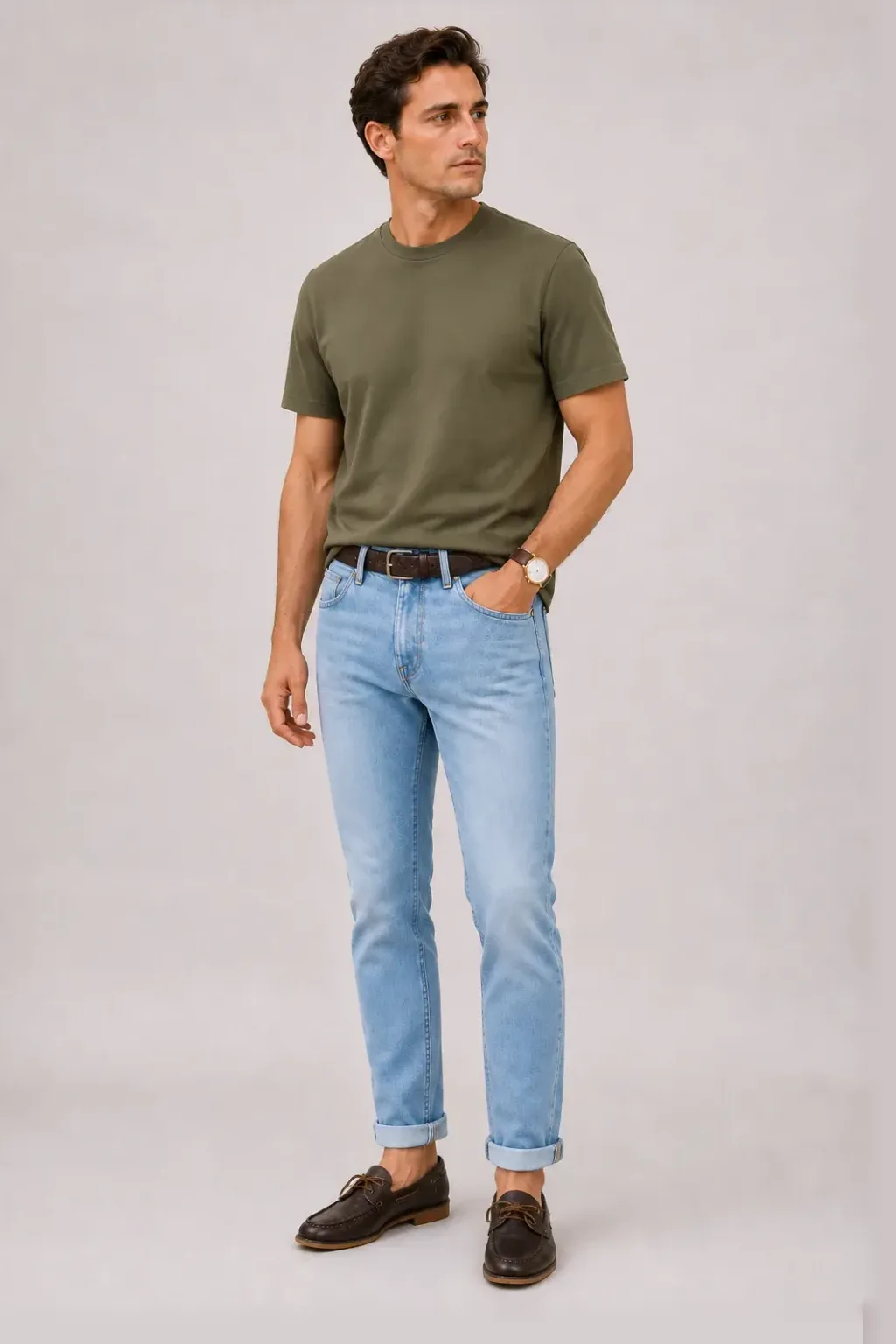 T-Shirt Oliv, dazu Jeans Hellblau und Bootsschuh
