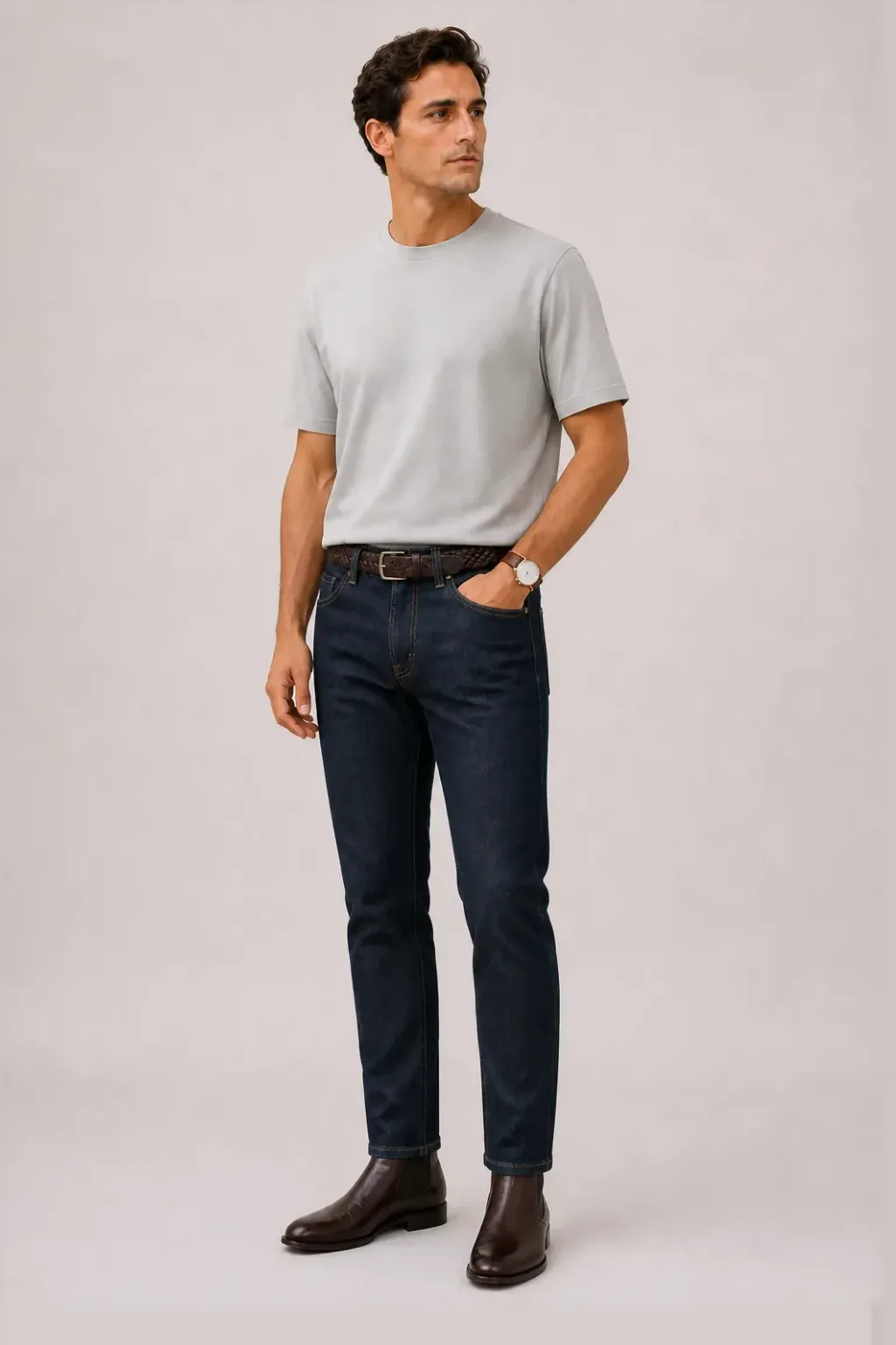 T-Shirt Hellgrau, dazu Jeans Navy und Chelsea Boot