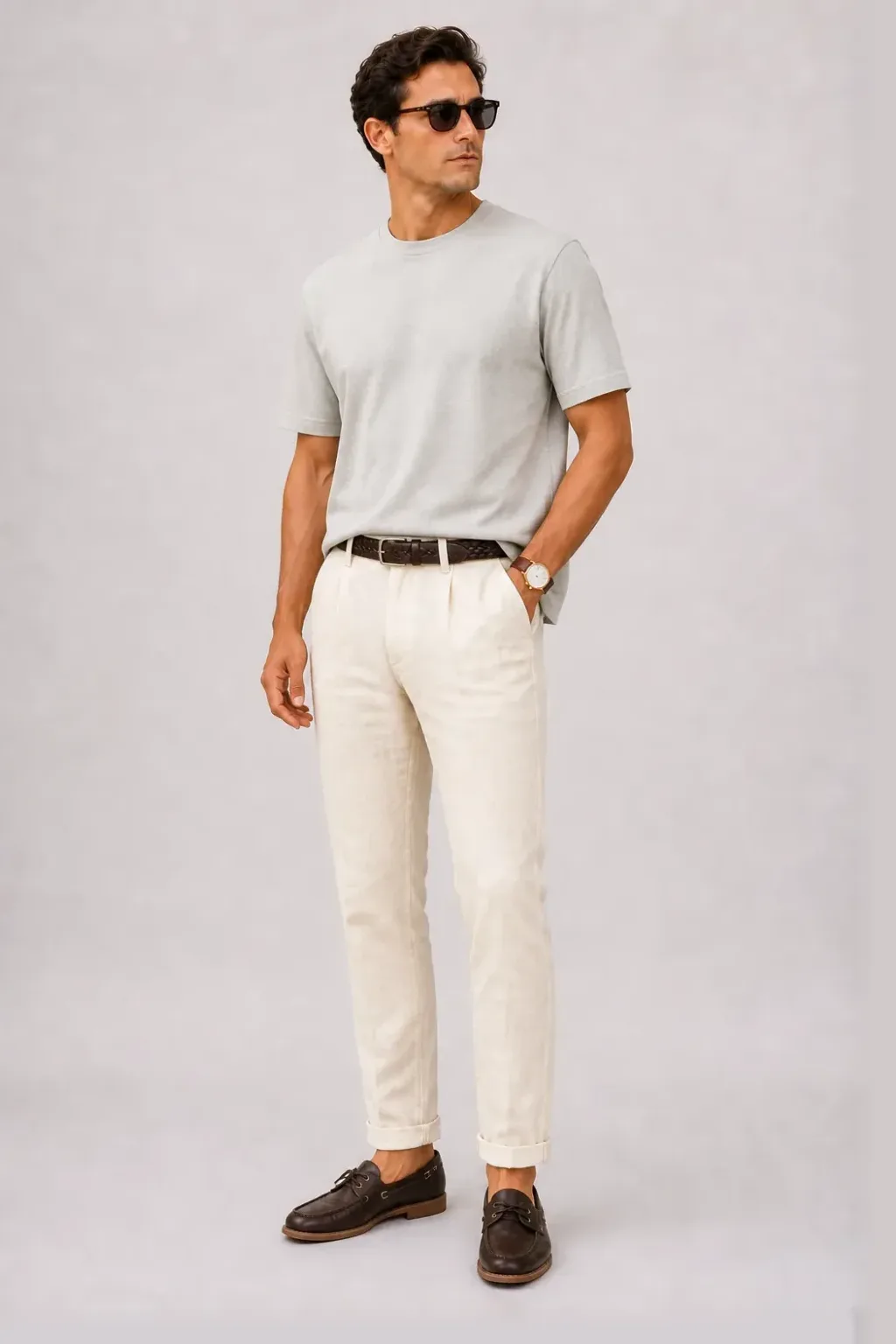 T-Shirt Hellgrau, dazu Leinenhose Creme und Bootsschuh