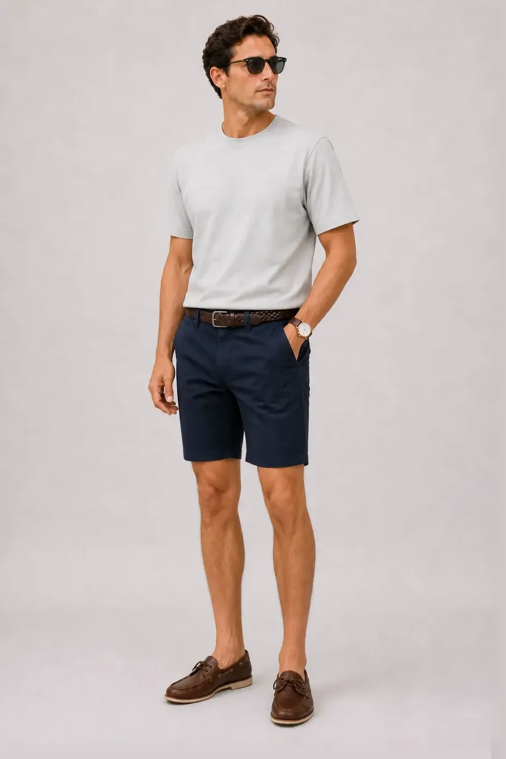 T-Shirt Hellgrau, dazu Chino-Shorts Navy und Bootsschuh
