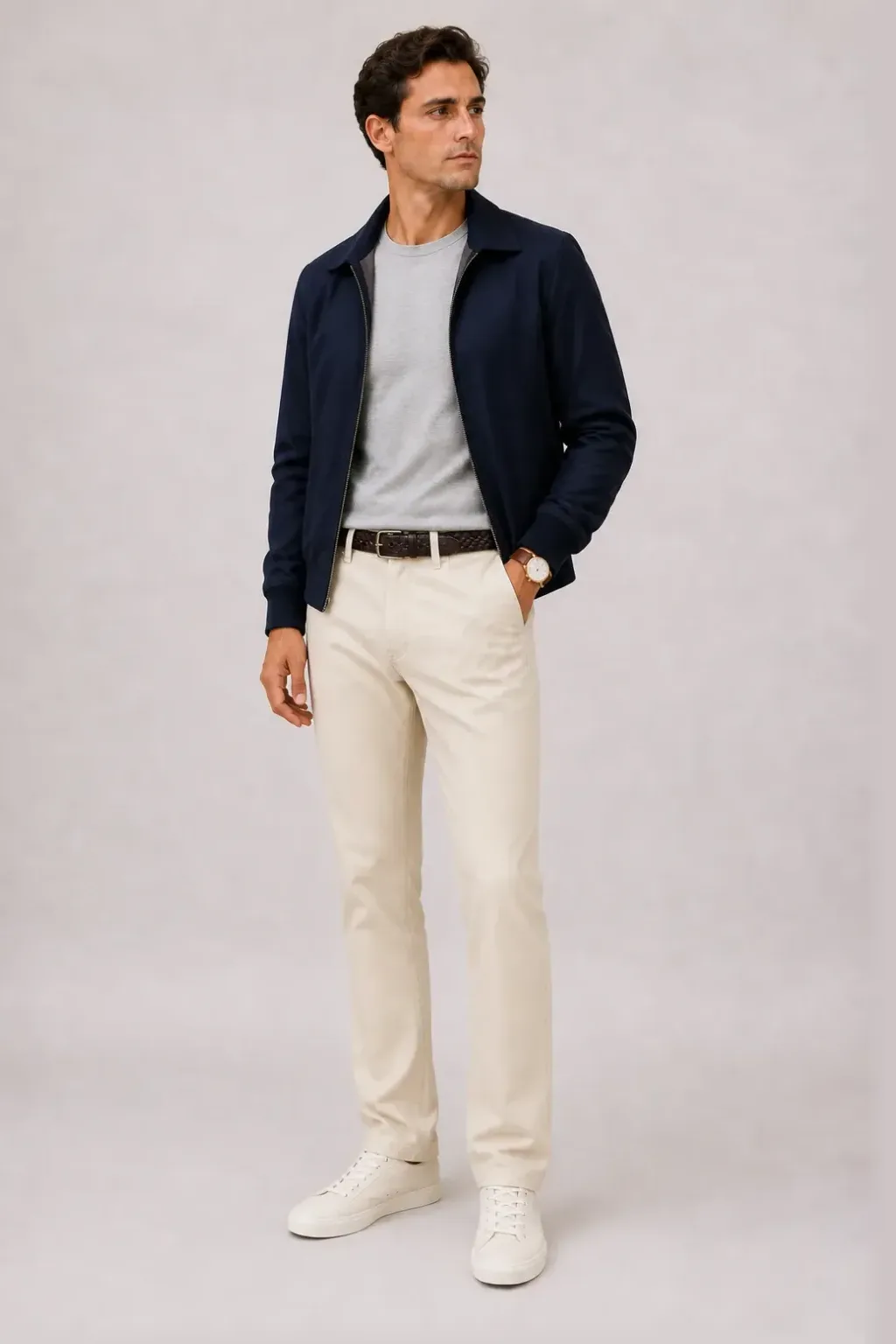 Harrington Blouson Navy über T-Shirt Oliv, dazu Chino Creme und Canvas Sneaker — T-Shirt Hellgrau