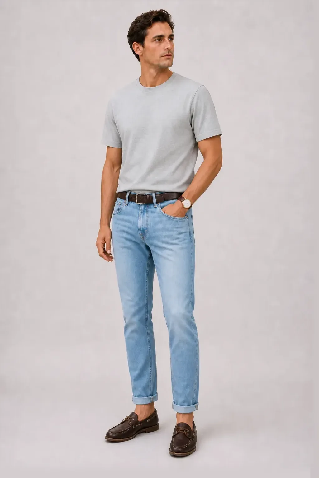 T-Shirt Hellgrau, dazu Jeans Hellblau und Sneaker — Bootsschuh Dunkelbraun