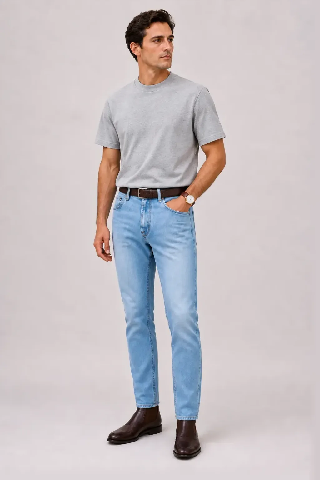 T-Shirt Hellgrau, dazu Jeans Hellblau und Sneaker — Chelsea Boot Dunkelbraun