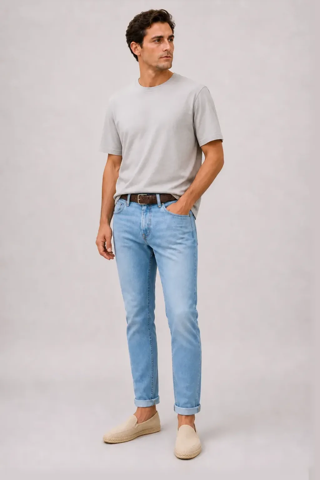 T-Shirt Hellgrau, dazu Jeans Hellblau und Sneaker — Espadrille Beige