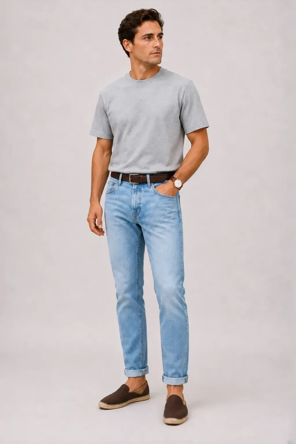 T-Shirt Hellgrau, dazu Jeans Hellblau und Sneaker — Espadrille Dunkelbraun