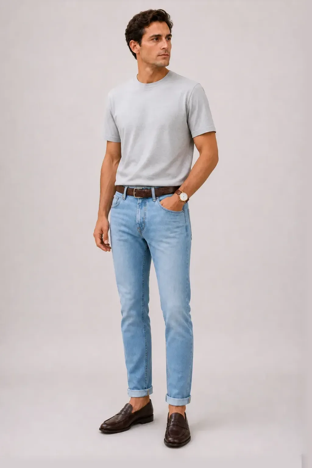 T-Shirt Hellgrau, dazu Jeans Hellblau und Sneaker