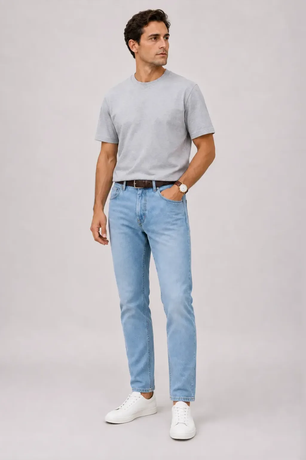 T-Shirt Hellgrau, dazu Jeans Hellblau und Sneaker — Sneaker Weiss