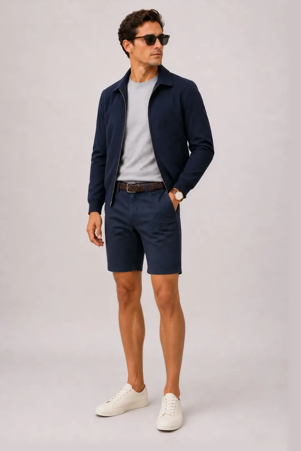 Harrington Blouson Navy über T-Shirt, dazu Chino-Shorts Navy und Canvas Sneaker