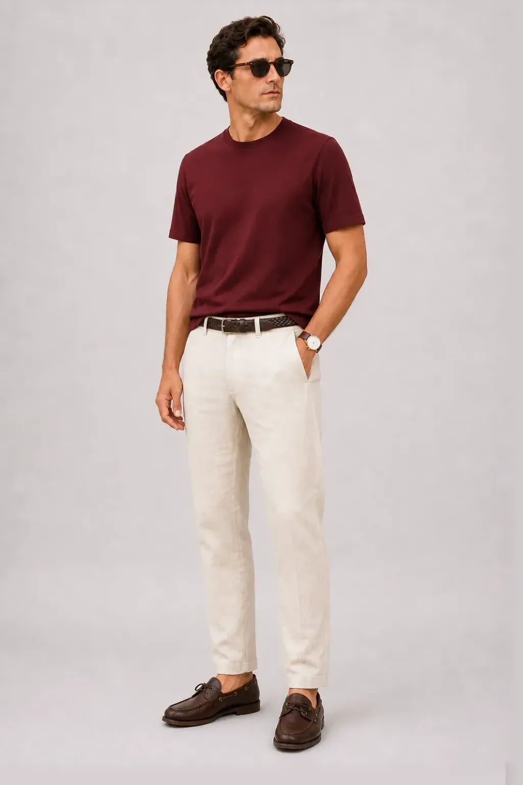 T-Shirt Bordeaux, dazu Leinenhose Creme und Bootsschuh