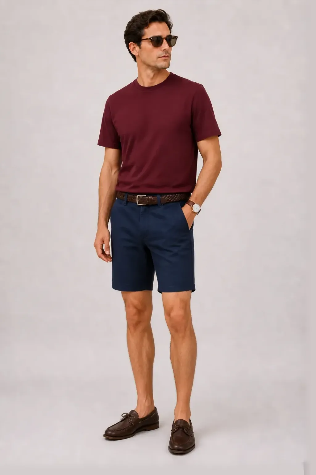 Leinenhemd Off-White, dazu Chino-Shorts Navy und Bootsschuh — T-Shirt Bordeaux