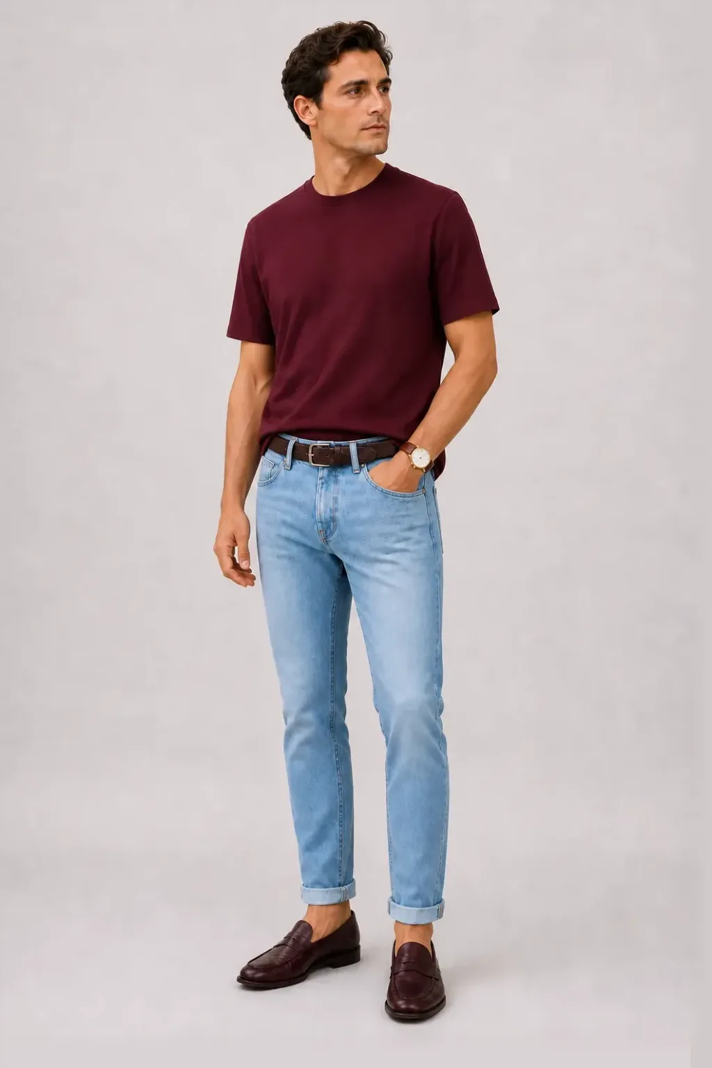 T-Shirt Bordeaux, dazu Jeans Hellblau und Penny Loafer