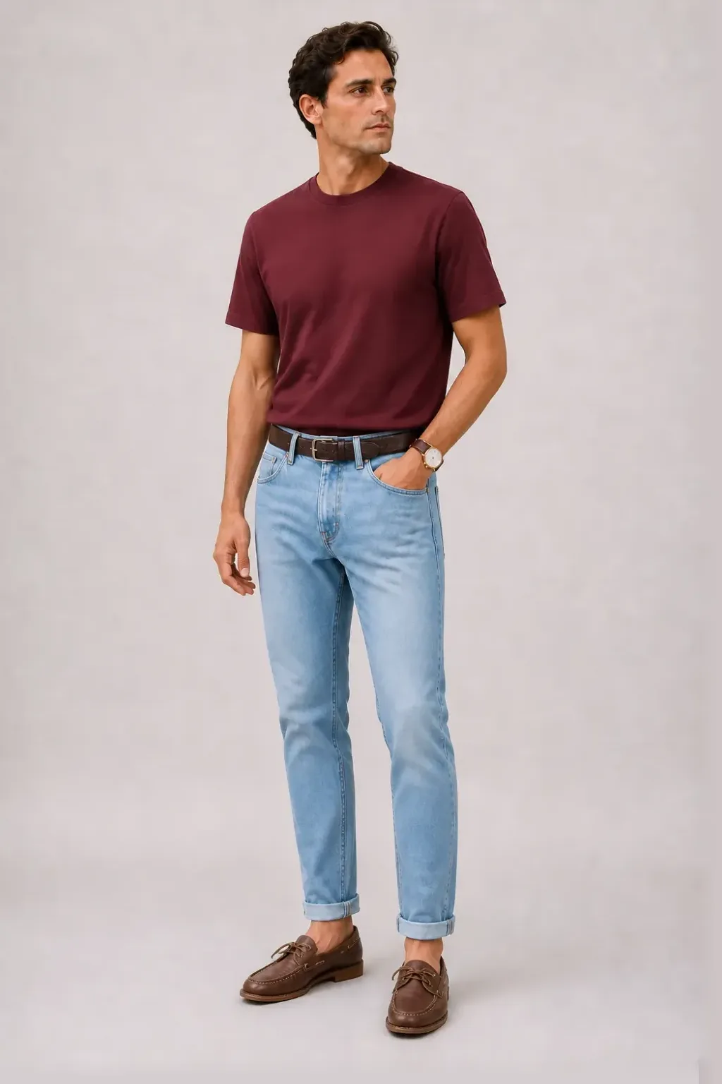 T-Shirt Bordeaux, dazu Jeans Hellblau und Penny Loafer