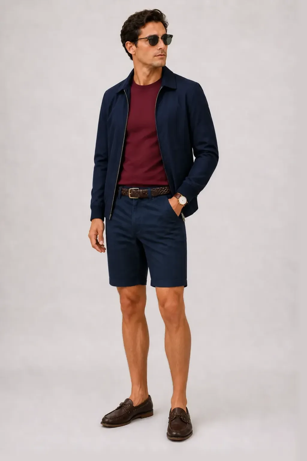 Harrington Blouson Navy über Button-Down-Hemd, dazu Chino-Shorts Navy und Bootsschuh — T-Shirt Bordeaux