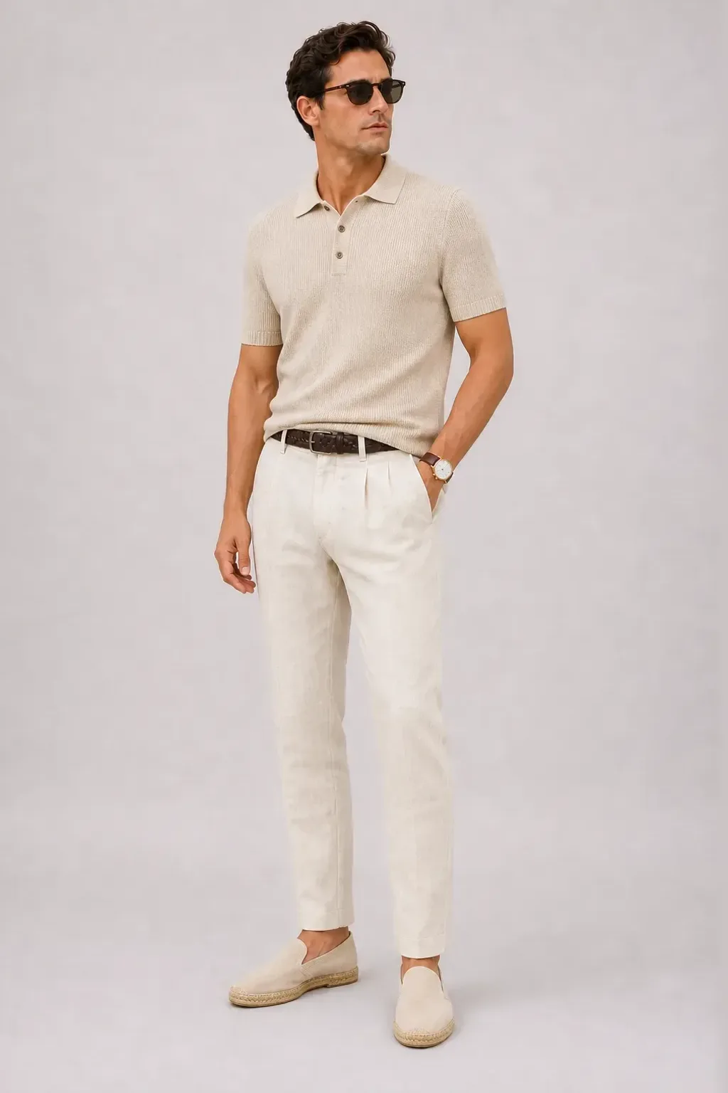 Strickpolo Beige, dazu Leinenhose Creme und Espadrille