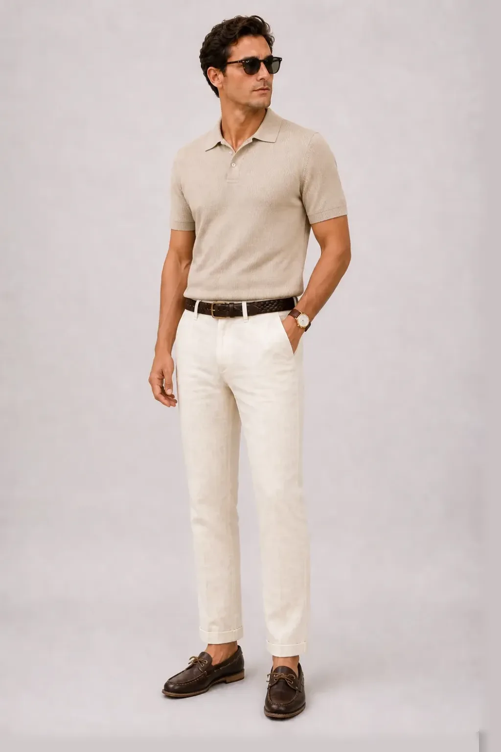 Strickpolo Beige, dazu Leinenhose Creme und Espadrille — Bootsschuh Dunkelbraun