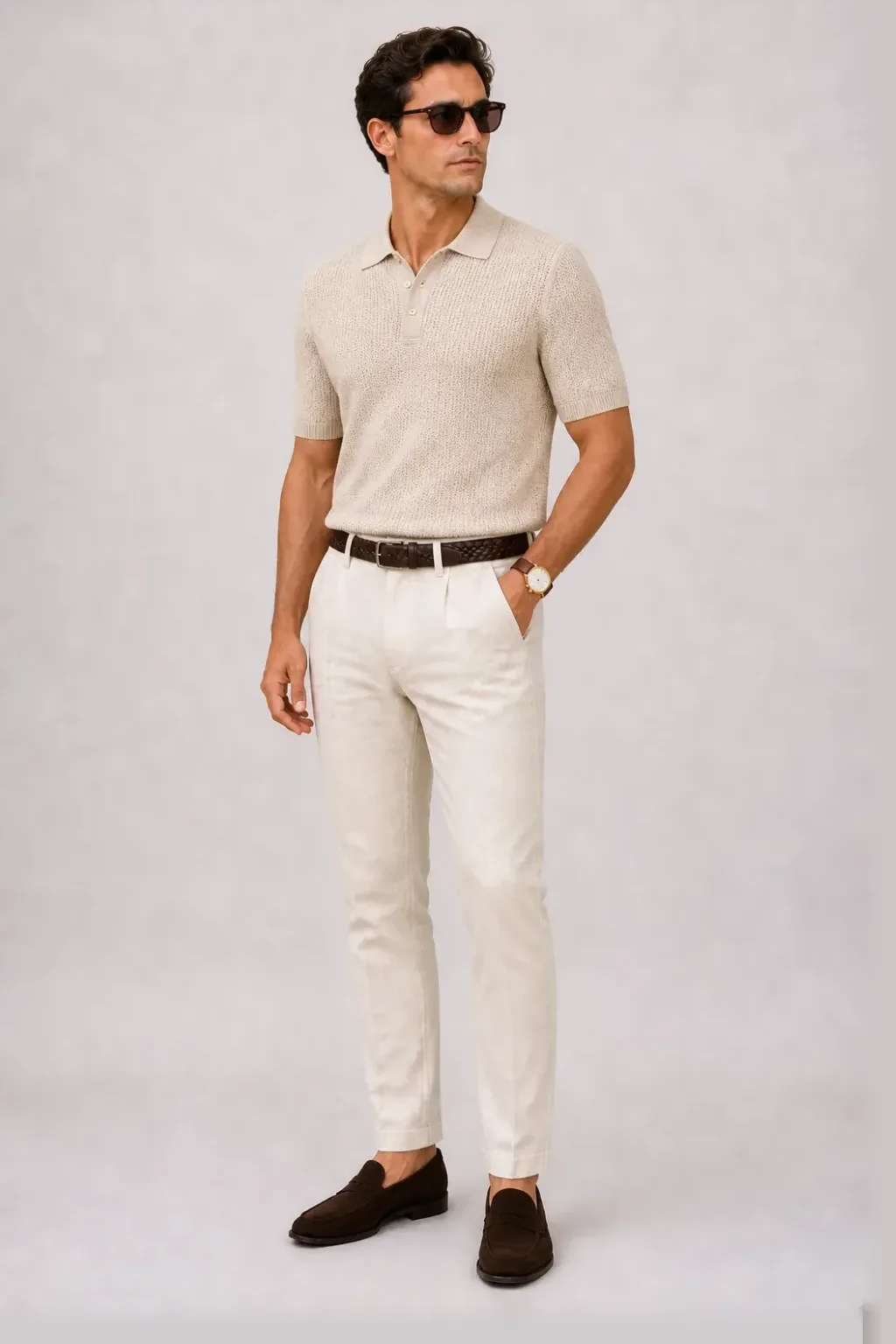 Strickpolo Beige, dazu Leinenhose Creme und Espadrille