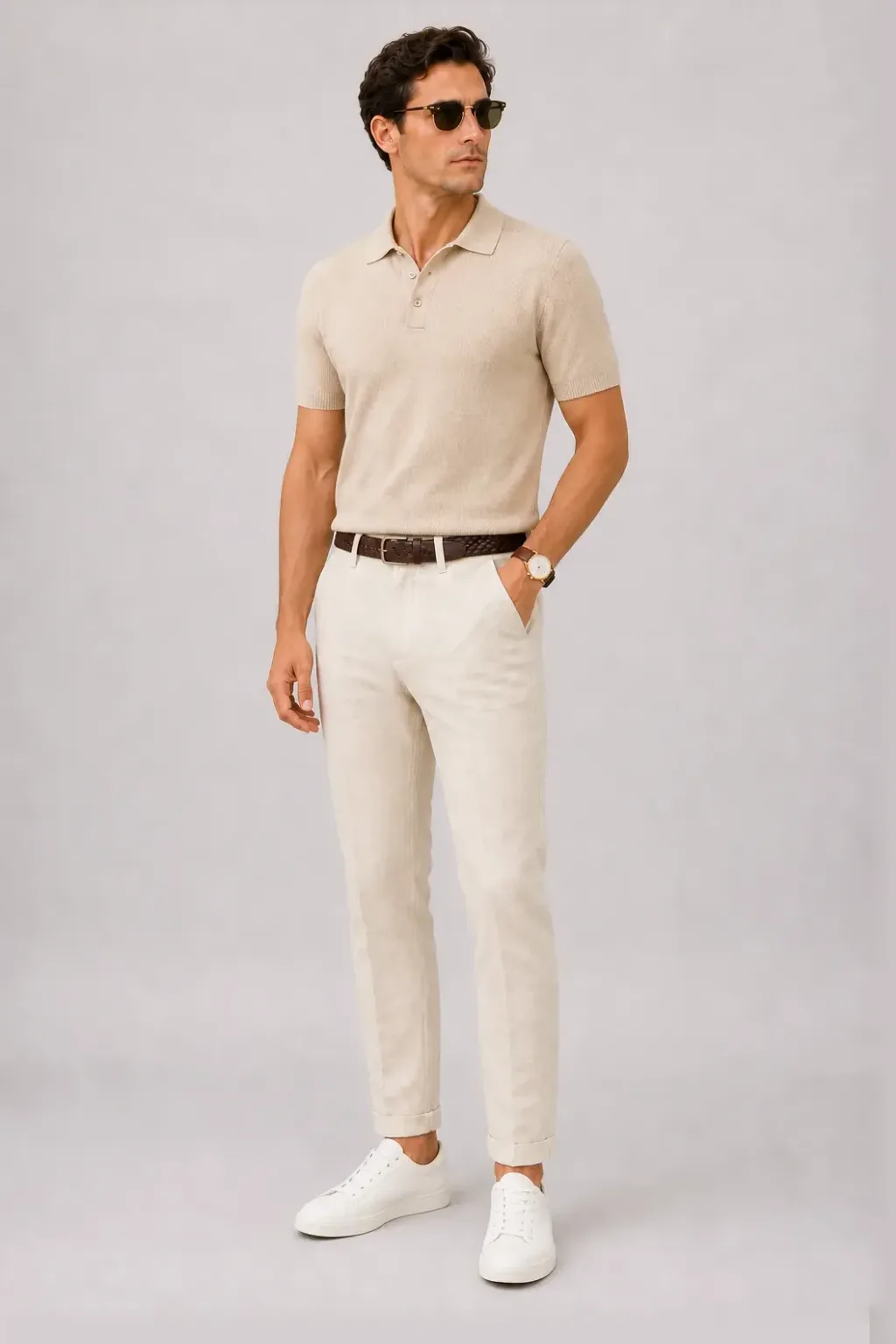 Strickpolo Beige, dazu Leinenhose Creme und Espadrille — Sneaker Weiss