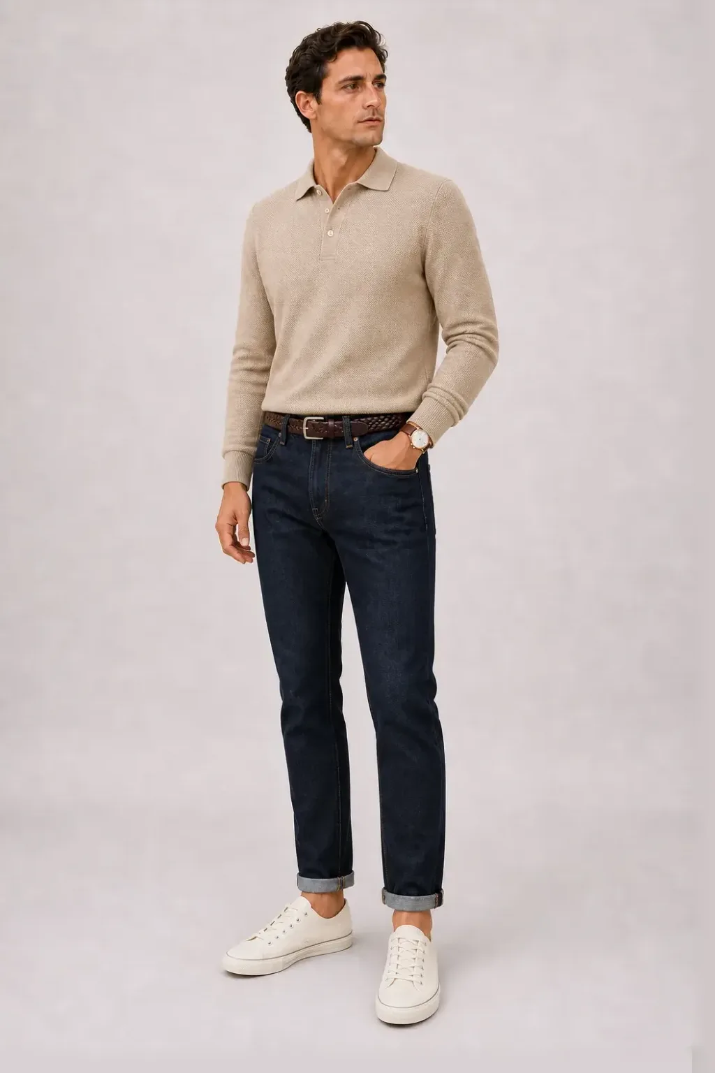 Strickpolo Beige, dazu Jeans Navy und Canvas Sneaker