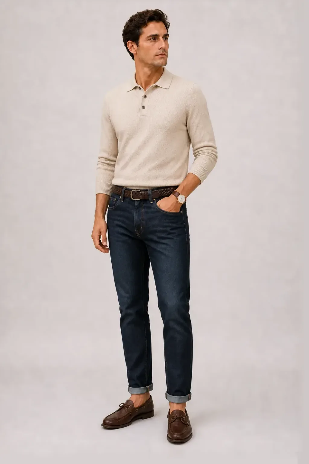 Strickpolo Beige, dazu Jeans Navy und Canvas Sneaker