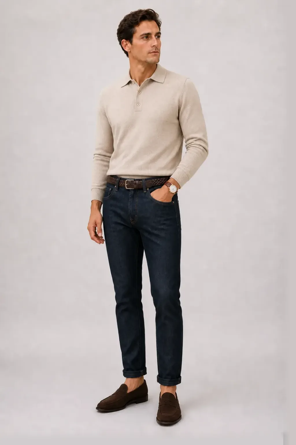 Strickpolo Beige, dazu Jeans Navy und Canvas Sneaker