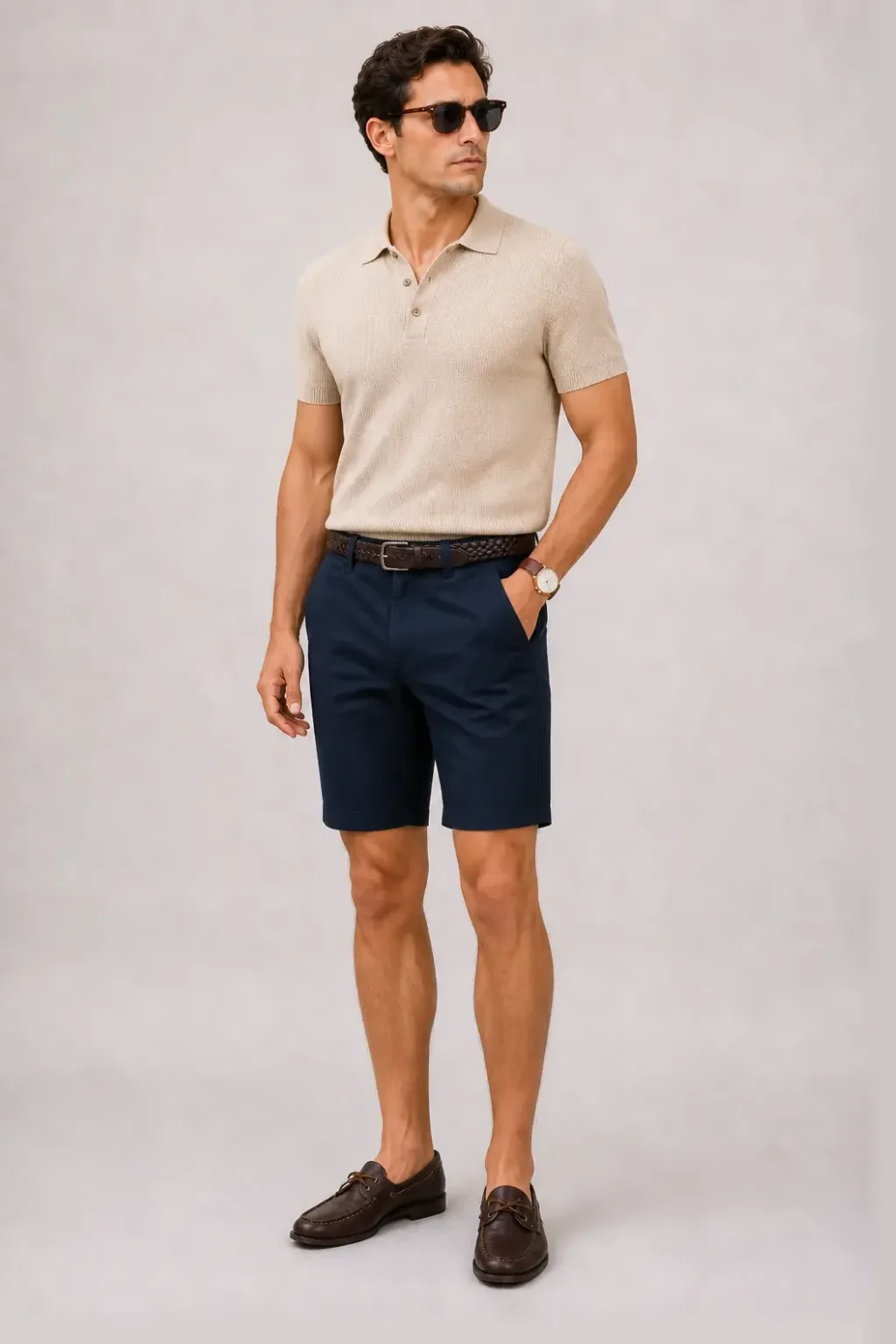 Strickpolo Beige, dazu Chino-Shorts Navy und Bootsschuh