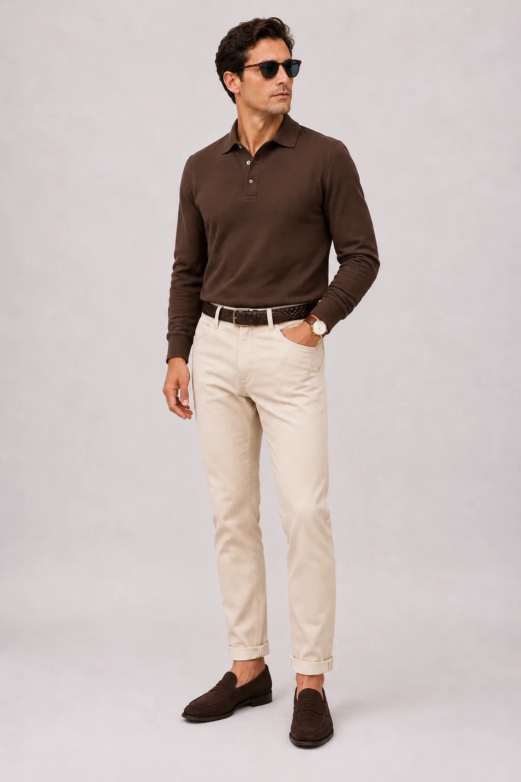 Langarmpolo Tabakbraun, dazu Chino Creme und Penny Loafer Wildleder