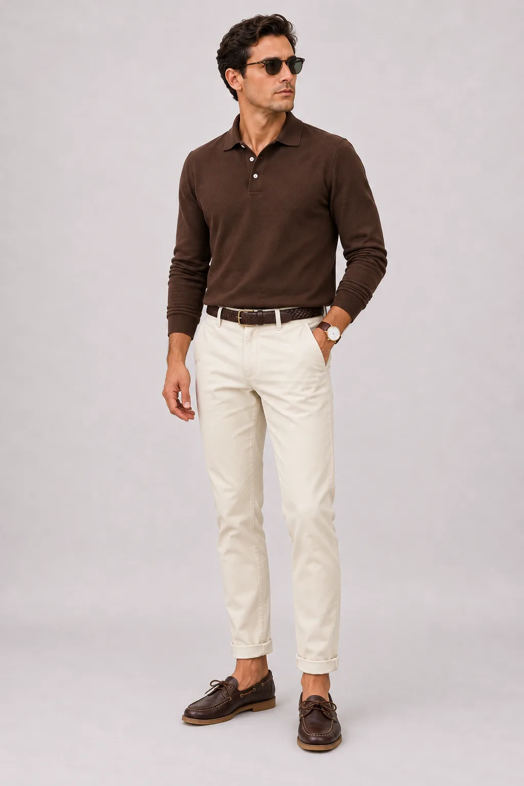 Langarmpolo Tabakbraun, dazu Chino Creme und Penny Loafer Wildleder — Bootsschuh Dunkelbraun