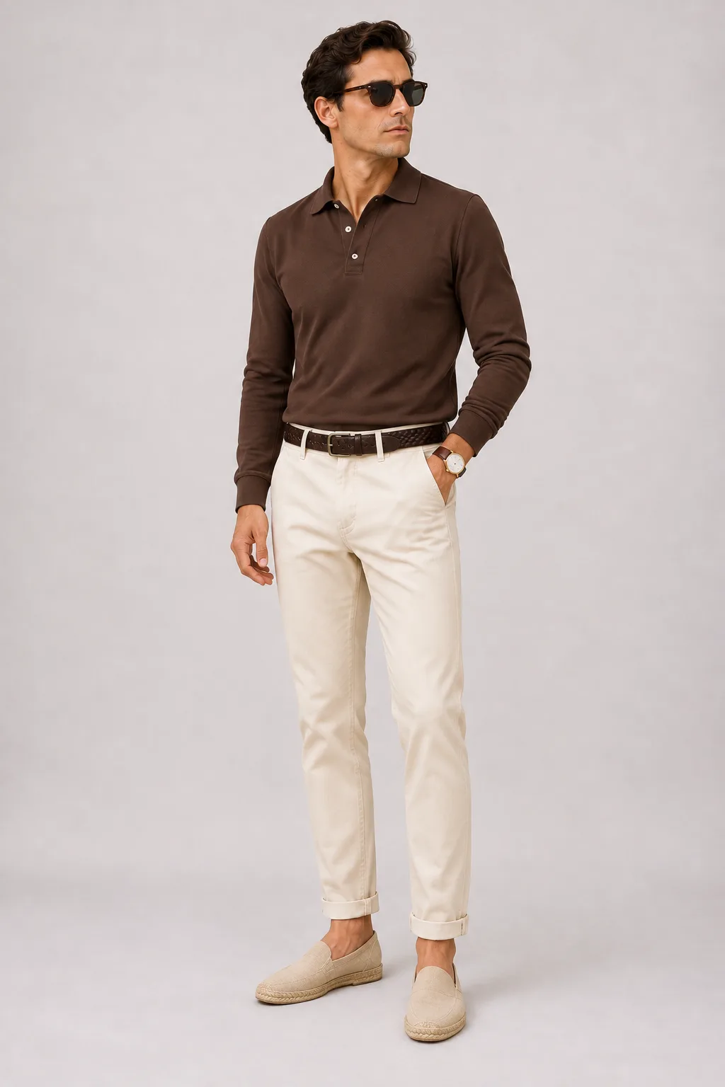 Langarmpolo Tabakbraun, dazu Chino Creme und Penny Loafer Wildleder — Espadrille Beige