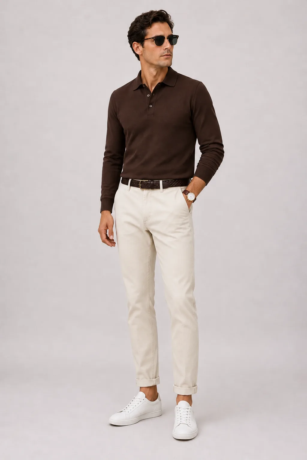 Langarmpolo Tabakbraun, dazu Chino Creme und Penny Loafer Wildleder — Sneaker Weiss