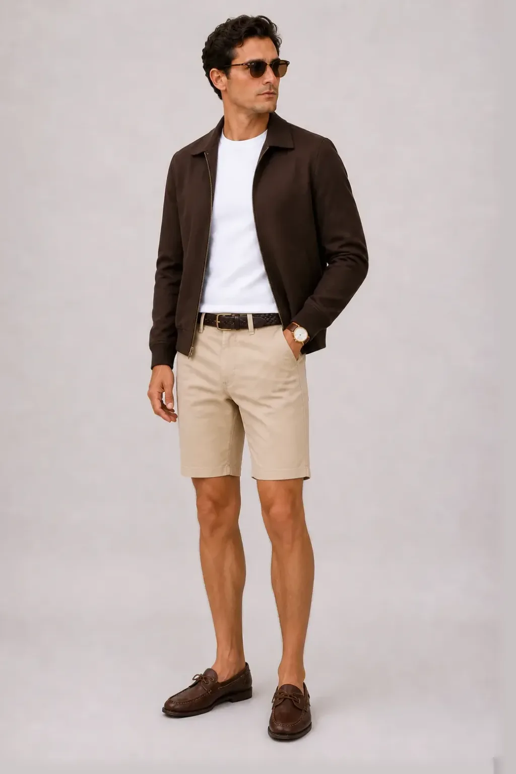 Harrington Blouson Dunkelbraun über T-Shirt Weiss, dazu Chino-Shorts Beige und Bootsschuh