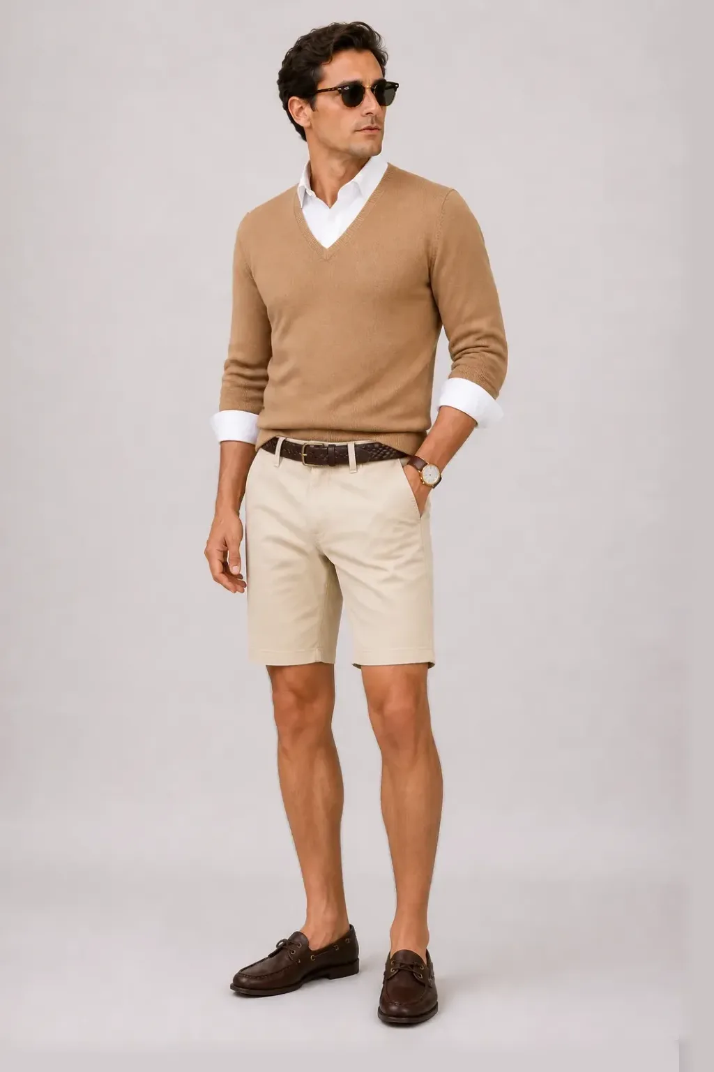 V-Neck-Pullover Feinstrick Schokobraun über Button-Down-Hemd, dazu Chino-Shorts Beige und Bootsschuh — V-Neck-Pullover Feinstrick Camel