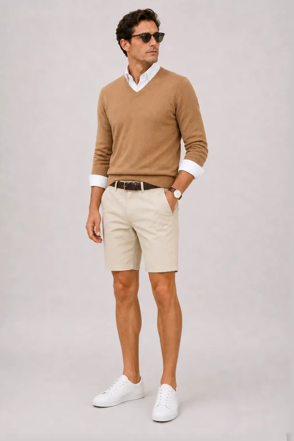 V-Neck-Pullover Feinstrick Camel über Button-Down-Hemd, dazu Chino-Shorts Beige und Bootsschuh