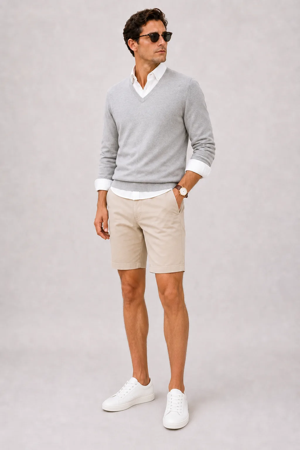 V-Neck-Pullover Feinstrick Hellgrau über Button-Down-Hemd, dazu Chino-Shorts Beige und Sneaker